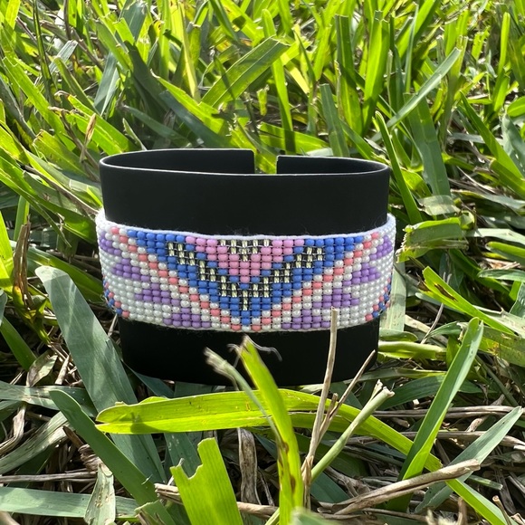 Pastel Color Geometric Pattern Beaded Cuff Bracelet - Cute Adjustable Bracelet - Picture 3 of 6